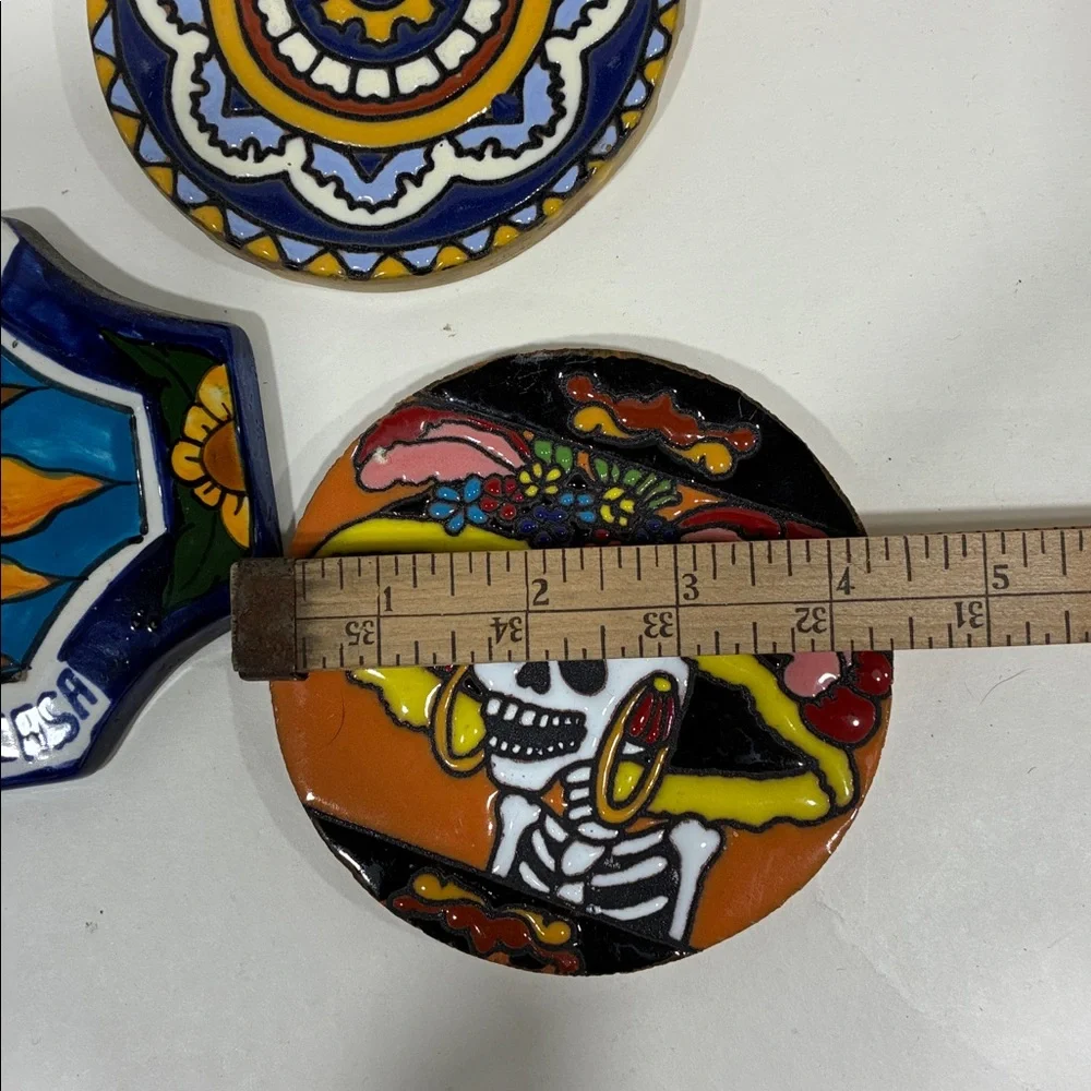 Mexican Wall Decor Ceramic Plaque PLUS 2 Coasters Very Colorful Day of the Dead